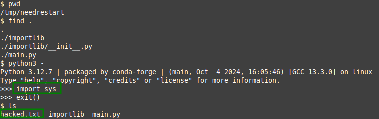 The <code>hacked.txt</code> file being created after importing <code>sys</code> with the modified <code>PYTHONPATH</code> value pointing to <code>/tmp/needrestart</code>