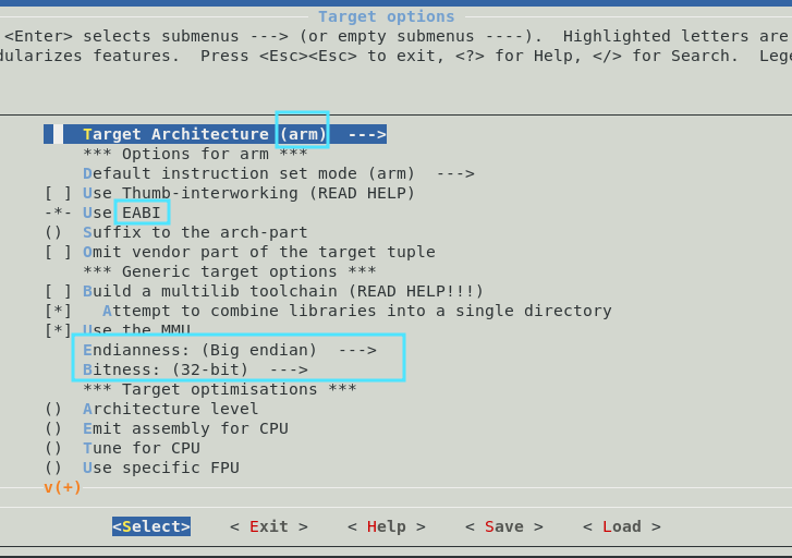 Picture of the &ldquo;Target Options&rdquo; menu in the ct-ng menuconfig