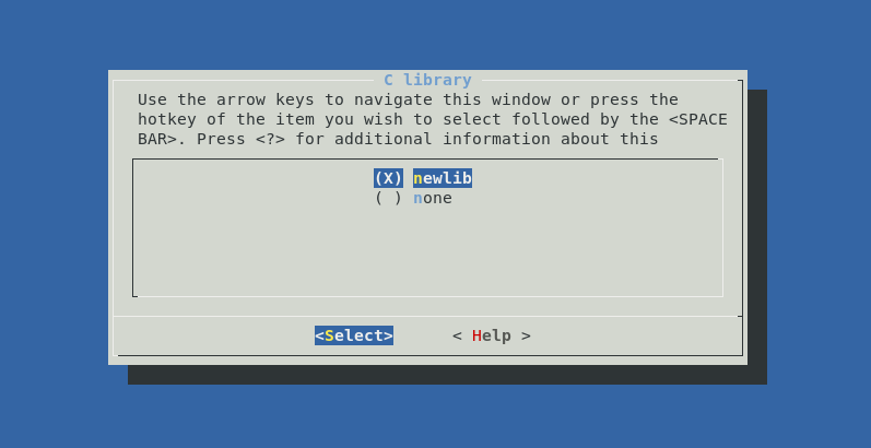 Enabling the newlib C library in the ct-ng menuconfig