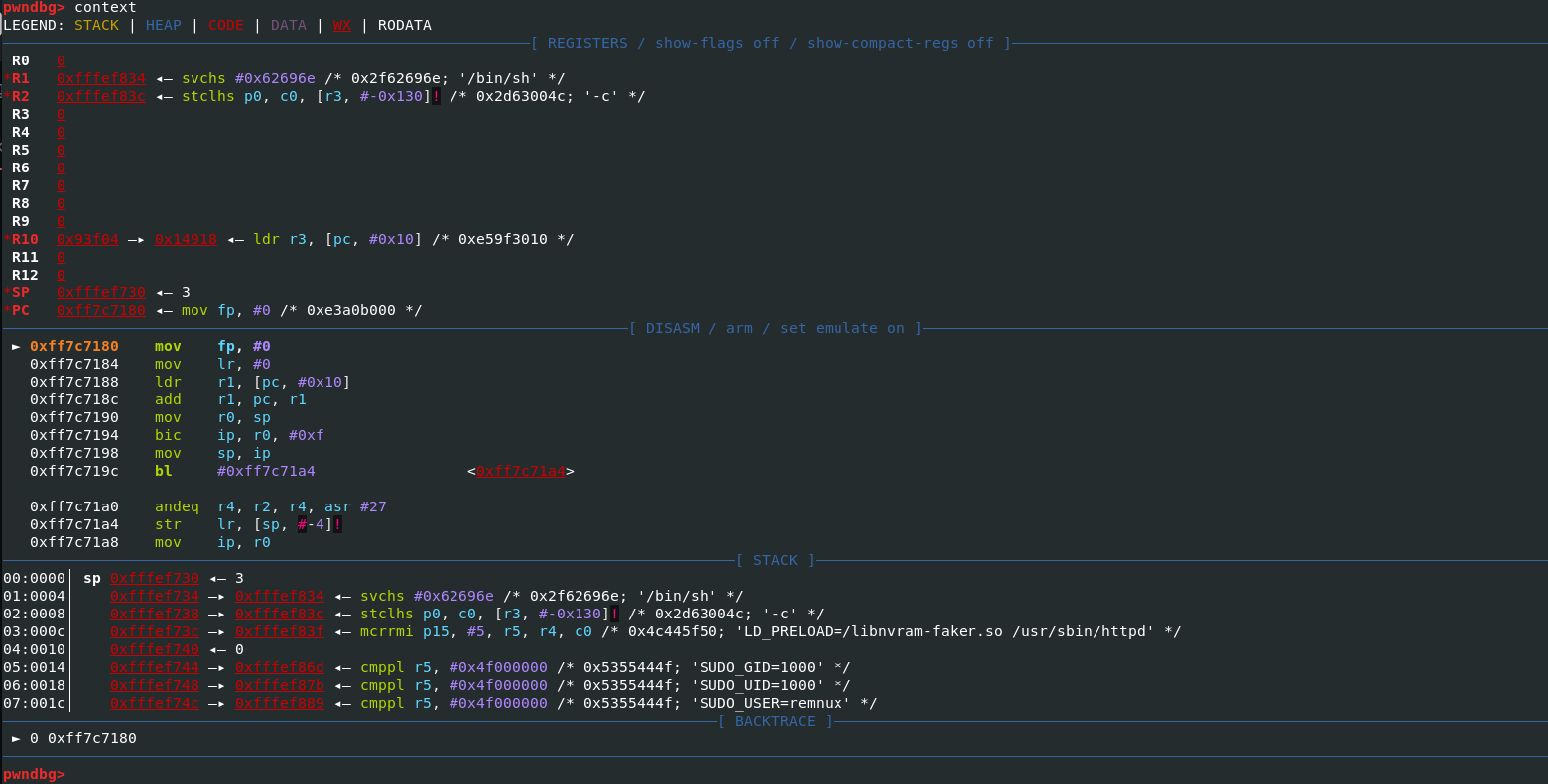 Pwndbg context output after connecting to the httpd debugging process