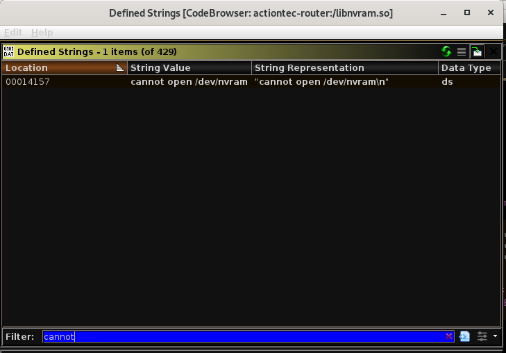 Ghidra defined strings window showing our error message